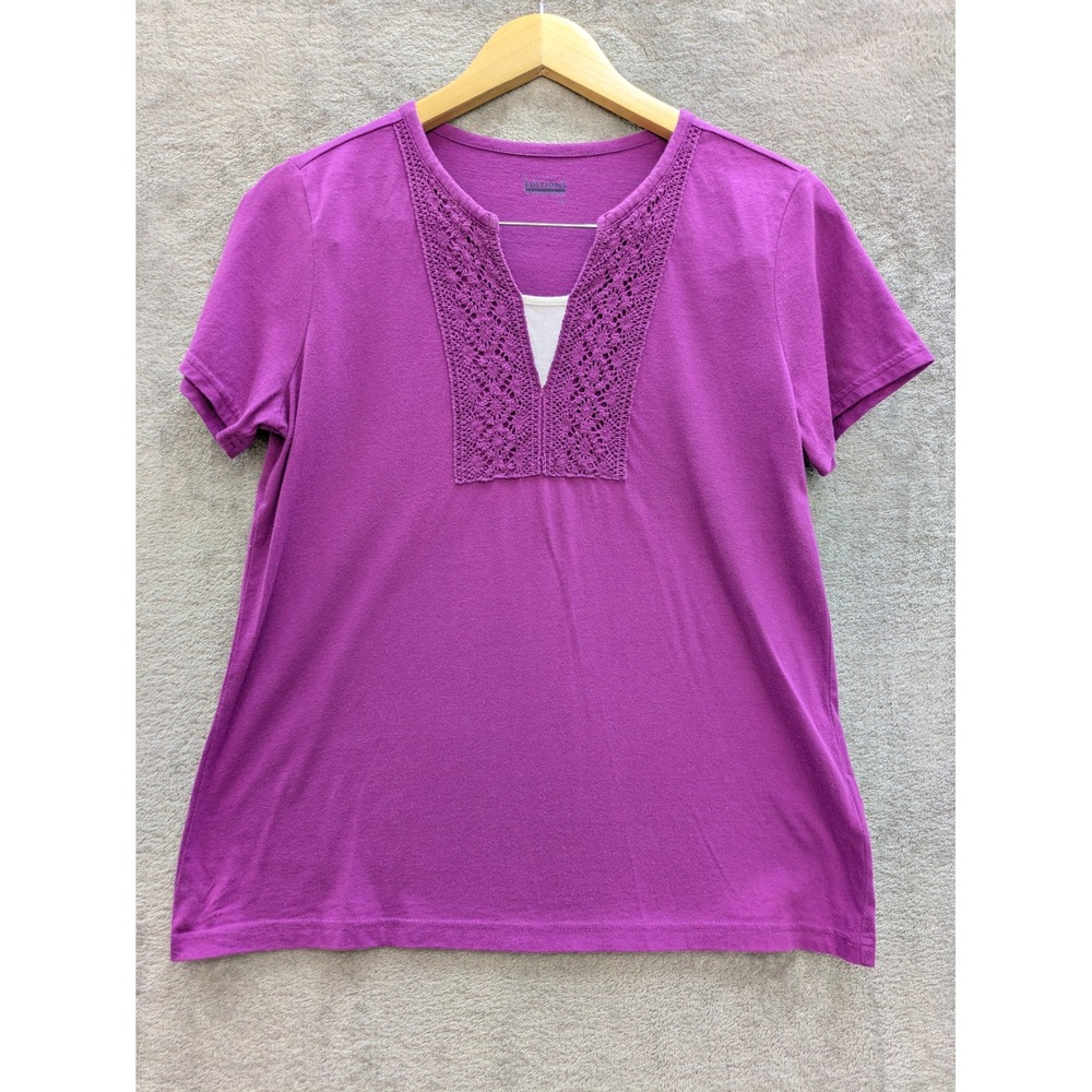 Boho Crochet Lace V-Neck Top Womens Small S Purple Short Sleeve Cotton Blouse